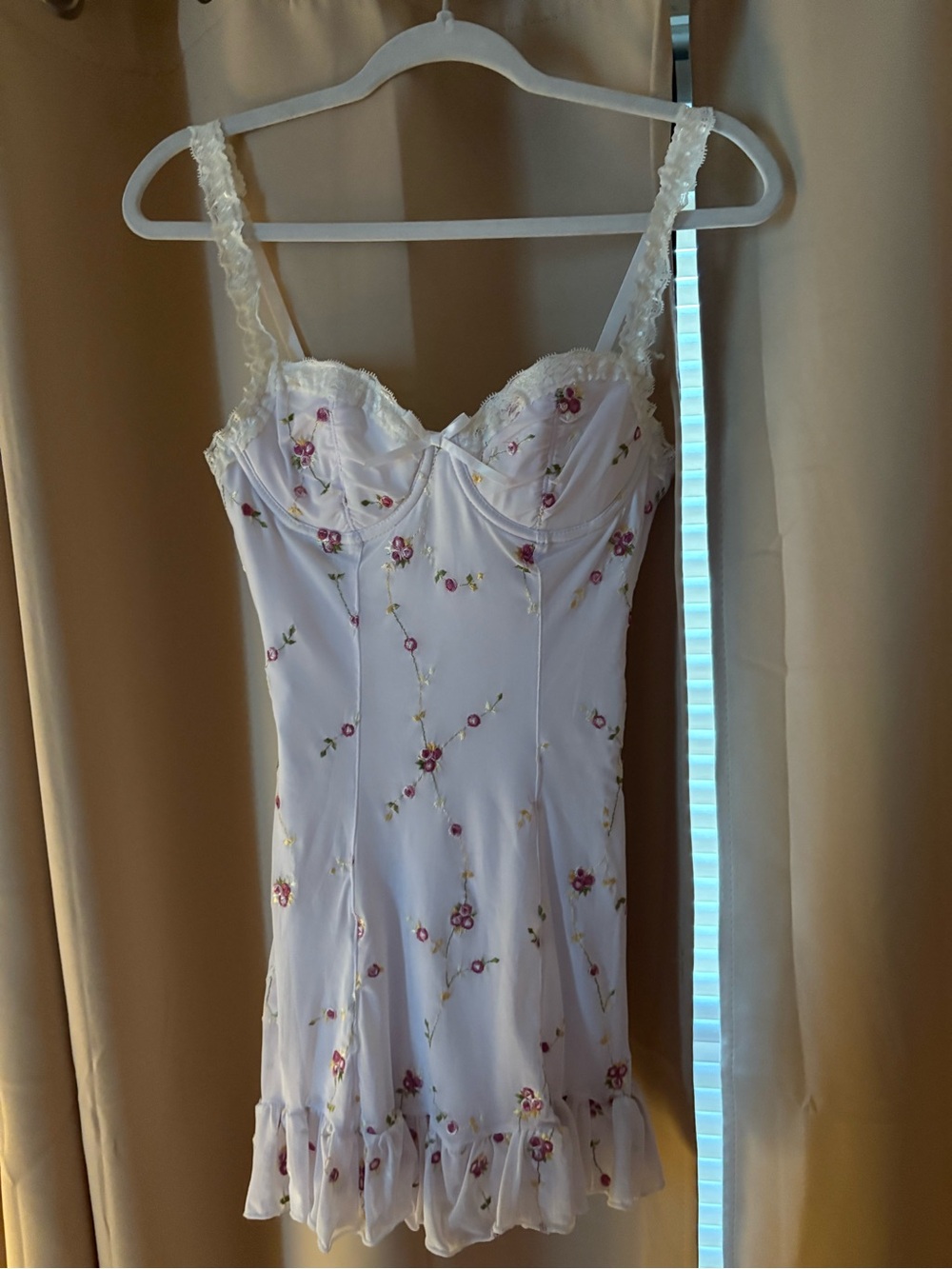 Sugar Thrillz White slip dress with Pink Floral Embroidery